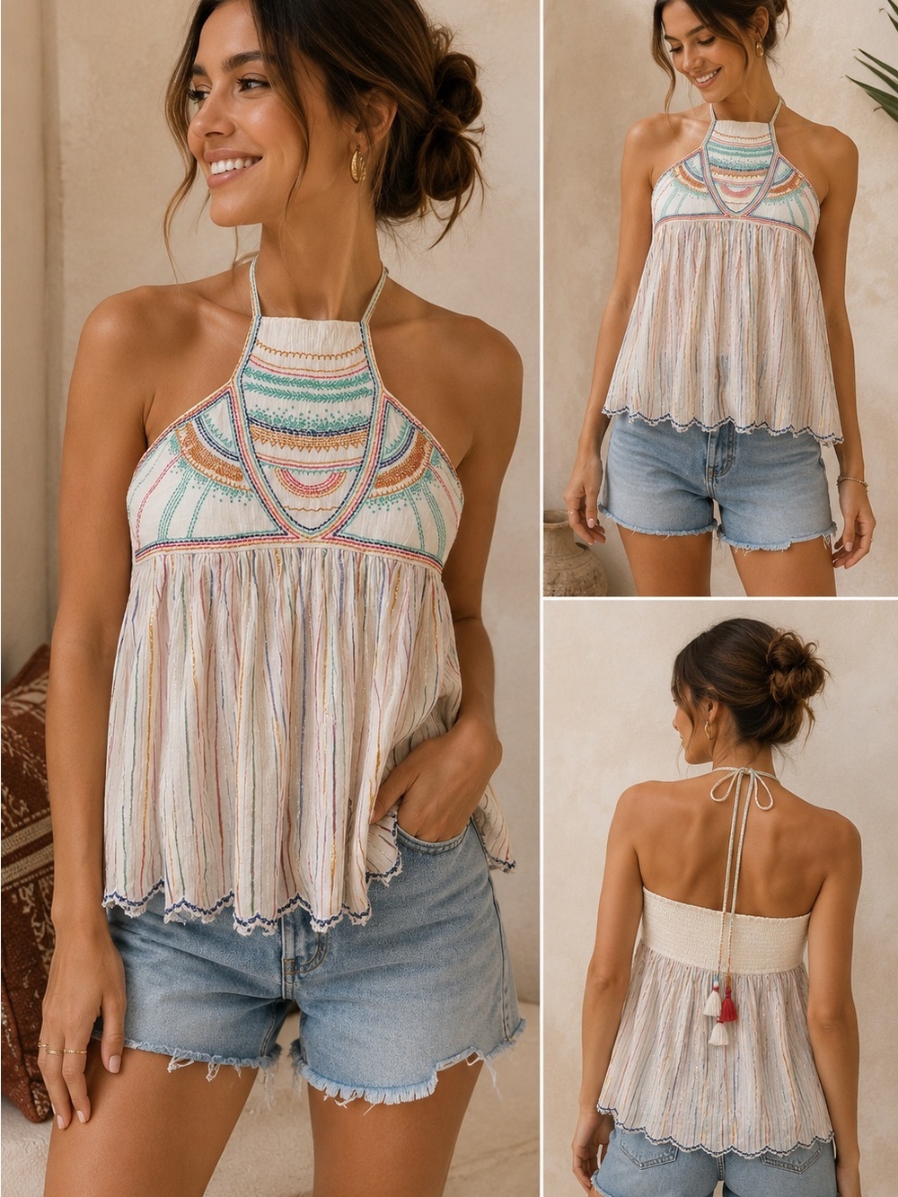 Floreat Anthropologie Embroidered Halter Boho Tank Top Ivory Size 6